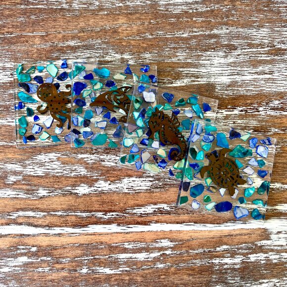 Ocean Animals Sea Pebble Resin Drink Coasters Set of 4 Beach House Housewarming - Picture 2 of 6